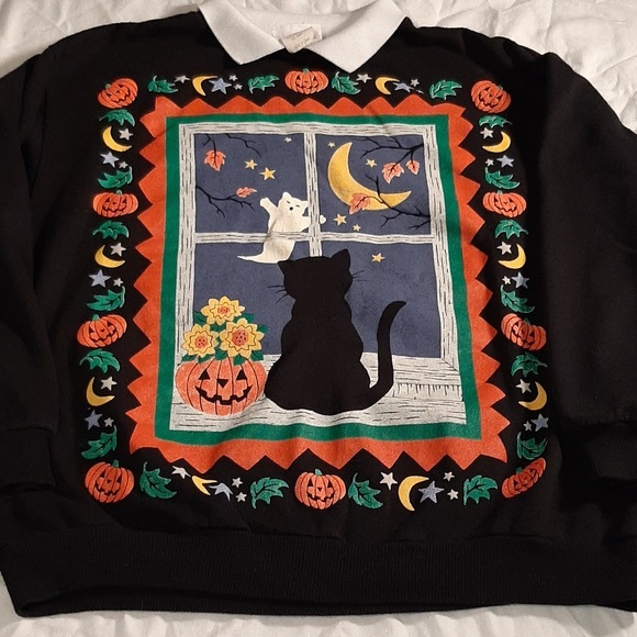Vintage black cat Halloween Spumoni collared sweater